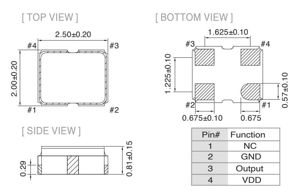 Outline Dimension & Pin Connections of SMD 2.5 x 2.0mm, Tight Symmetry, Conforms to AEC-Q200 SPXO